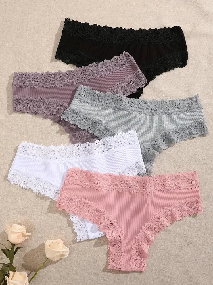 Women's Cotton Panties 5Pcs Set Floral Lace Patchwork Soft Breathable Comfort Underwear For Women Lingerie