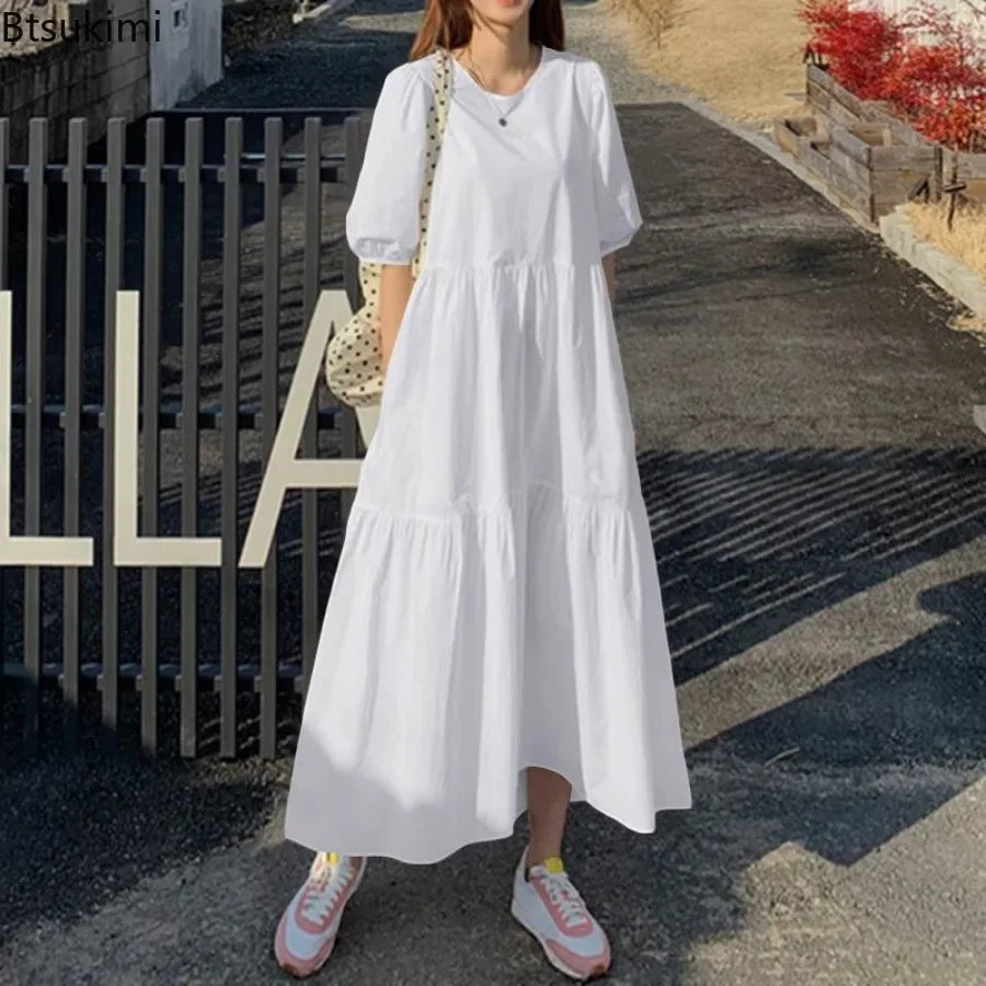 2026 Fashion Puff Short Sleeve Dress for Women Summer Solid Casual Sundress Comfort Cotton Maxi Dress Modest Robe Vestidos Femme