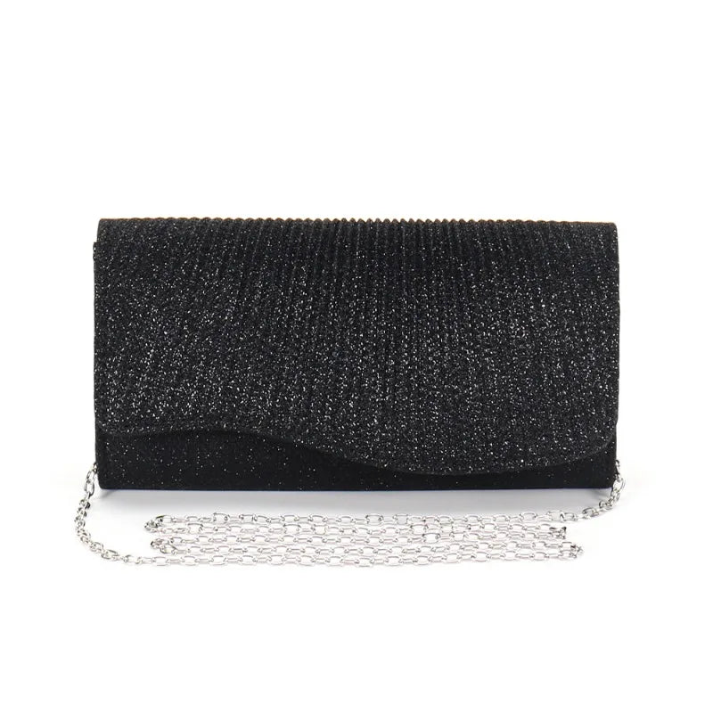 2026 New Women Fold Glitter Handbag Shiny Envelope Evening Bag Ladies Pleated Silver Clutch Chain Wedding Party Mini Long Purse