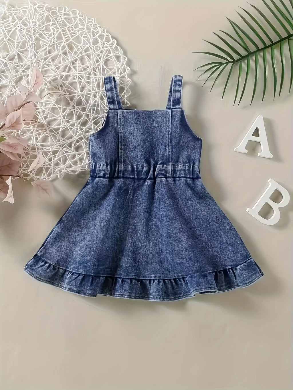 Baby Girls Denim Backless Romper Dress With Open Back And Square Collar Soft Cotton Blend