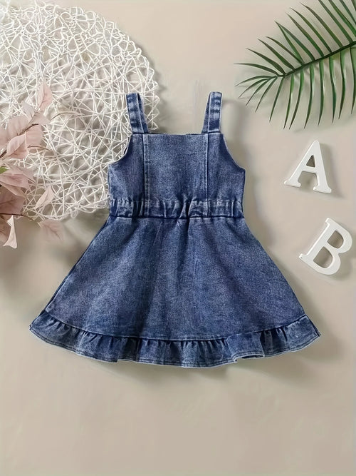 Baby Girls Denim Backless Romper Dress With Open Back And Square Collar Soft Cotton Blend
