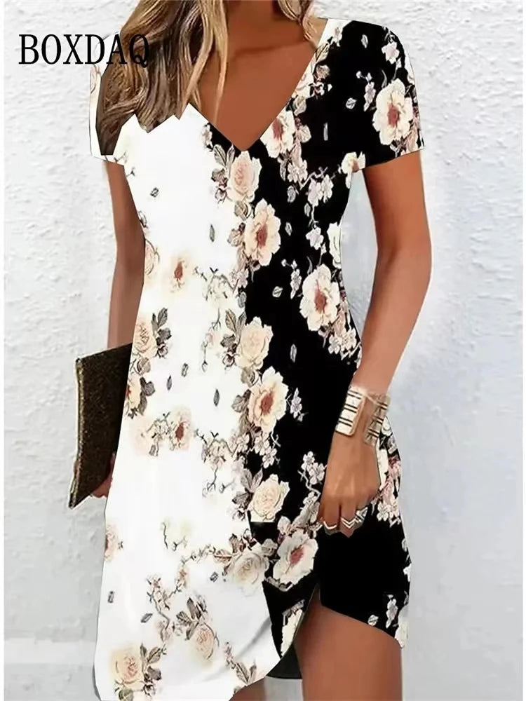 Women'S'S Casual Sundress Loose Summer Boho Beach Dress Floral Printed For Women'S Dress Retro V Neck Short Sleeve Plus Size Dresses