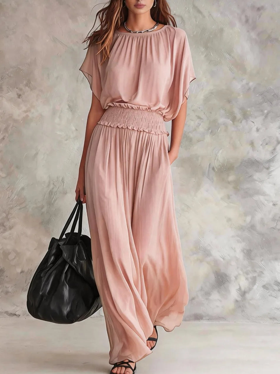 Elegant High-Waisted Loose Dress for Women Summer Fashionable Casual O-Neck Batwing Short Sleeve Waist-Cinching Elegant Women's