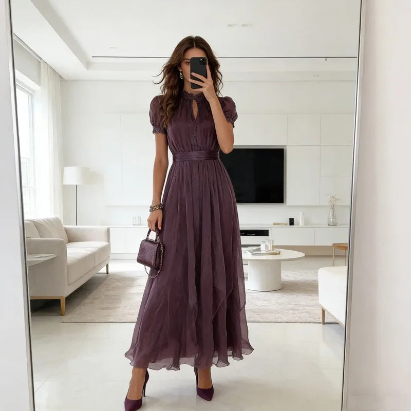 Elegant Chiffon Lace Trim Midi Dress Stand Collar Neck Puff Sleeve Cinched Waist Draped A Line Flowy Women's Casual Dresses