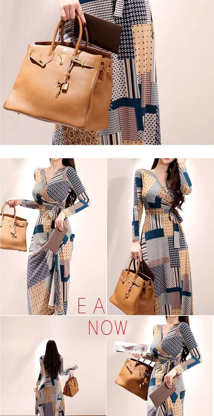 Vintage Print V-neck Lace-Up Maxi Dress | Korean Slim Long Sleeve.