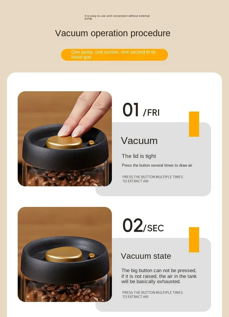Multi Capacity Black Lid Coffee Pot Manual Vacuum Moisture-proof Storage Pot Kitchen Glass Teapot Coffee Bean Storage Sealed Jar
