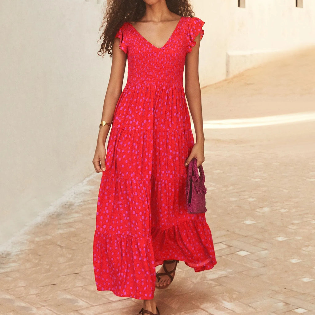 Women's Summer Flowy Maxi Dress Casual Cap Sleeve V Neck Smocked Beach Cotton Midi Dresses