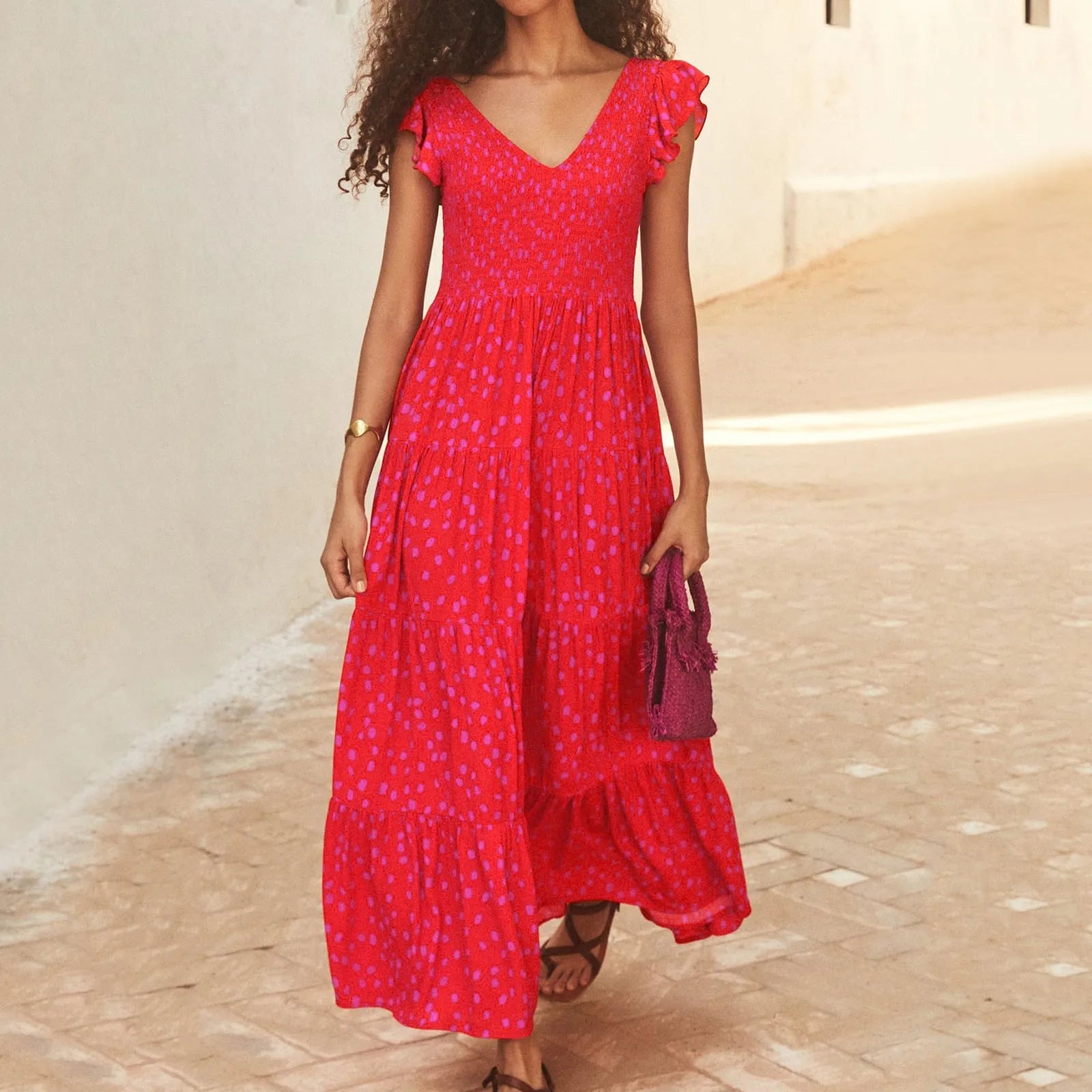 Women's Summer Flowy Maxi Dress Casual Cap Sleeve V Neck Smocked Beach Cotton Midi Dresses