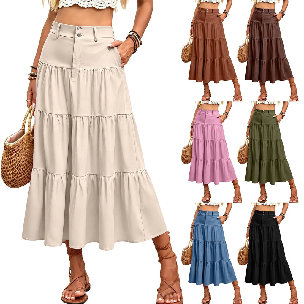 Damen High Waist Midi Mit Elastischem Bund Knopfleiste Eleganter A Linien Leichtem Material FüR Putifalda Corta Extrema Body