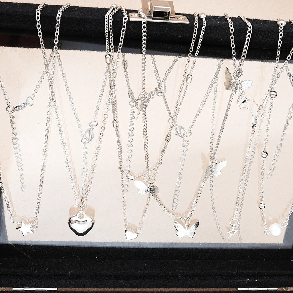 51 Pcs/Set Silver Color Chic Jewelry Set For Women'S Fashion Butterfly Heart Pearl Necklaces, Earrings, Rings, Match Daily Outfits