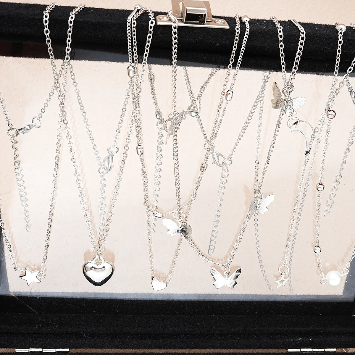 51 Pcs/Set Silver Color Chic Jewelry Set For Women'S Fashion Butterfly Heart Pearl Necklaces, Earrings, Rings, Match Daily Outfits