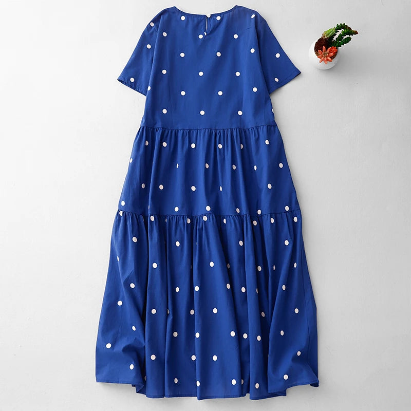 High-End Blue Pure Cotton Floral Print Dress Women's Summer 2025 round Neck Long Dress Polka Dot Skirt Comfortable A-Line