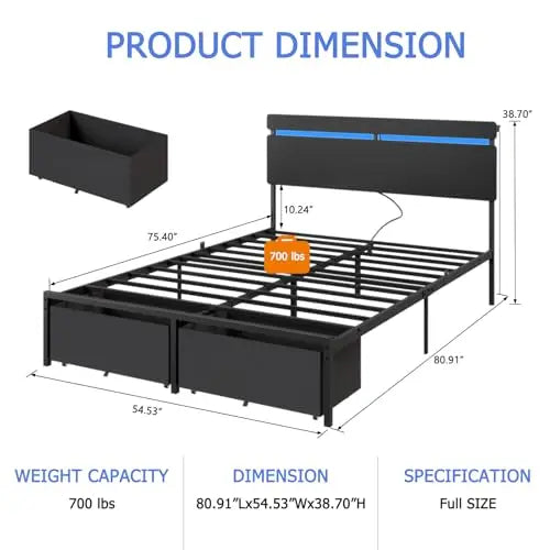 Full Size Bed Frame with Wood Headboard,2 Storage Drawers & Shelf | Built-in Charging Station & LED Lights, Metal