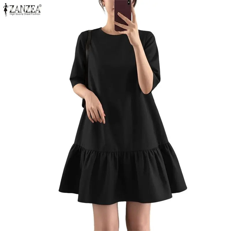 ZANZEA Women's Casual Ruffled Hem Dress O-Neck Half Sleeve A-Line Dress 2026 Summer Daily Solid Color Loose Robes Femme