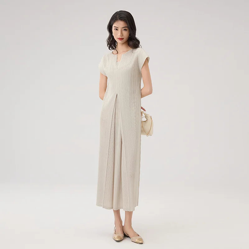 Miyake Fold 2024 Fall New Slimming V-neck French Dress For Women Advanced Short-sleeved Waist Elegant Commuter Dress