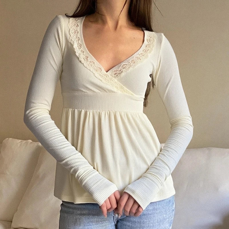 Maemukilabe Women's V-Neck Long Sleeve T-Shirt - Vintage Y2k Style