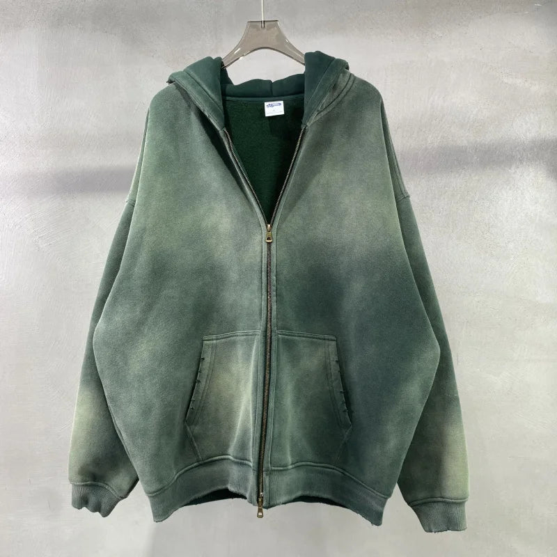 Maqvob European And American High Street Autumn Tie Dye Washed Vintage 360G Fleece Lined Double Zip Puller Sweatshirt Hoodie