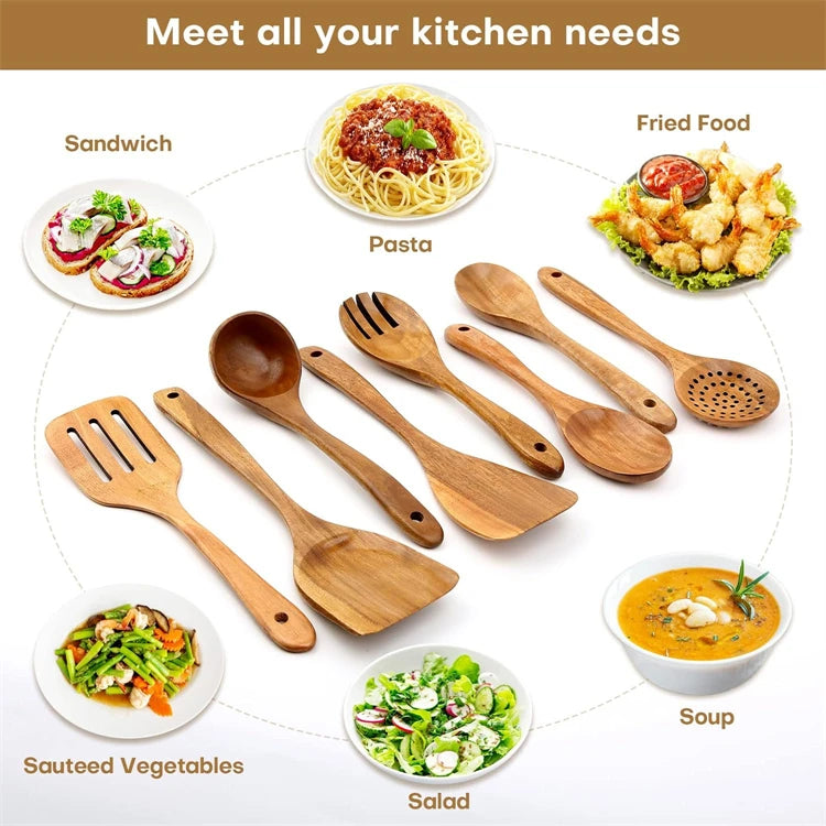 LMETJMA 10 Unidades de Utensilios de Cocina de Madera de Teca Natural, Juego de Cucharas y Espátulas de Madera para Cocinar y Hornear JT503