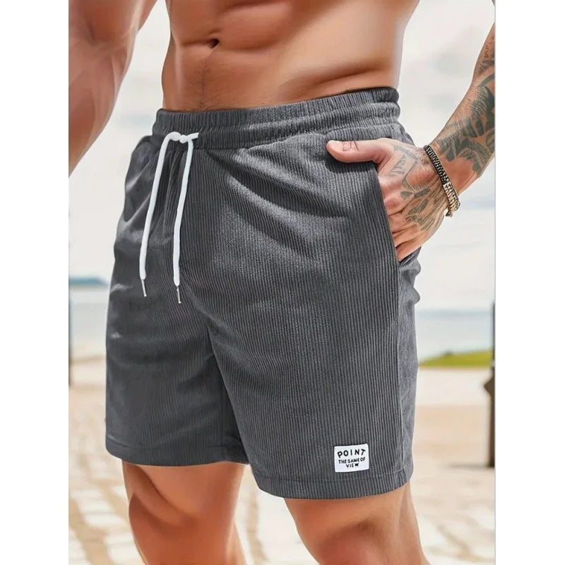 Summer Men's Solid Corduroy Shorts with Drawstring Casual Elastic Waist Fit for Outdoor Daily Activities Streetwear