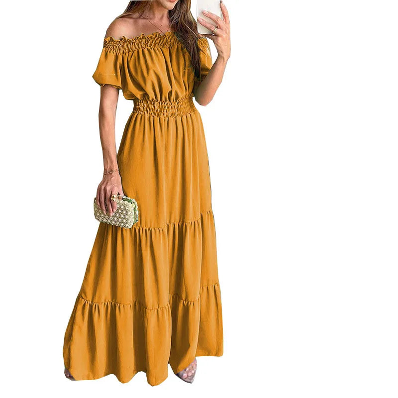 Summer Sexy Off Shoulder Slash Neck Ruffle Beach Party Dress Elegant Women Fashion Red Lace-up Pleated Holiday Long Dresses Robe