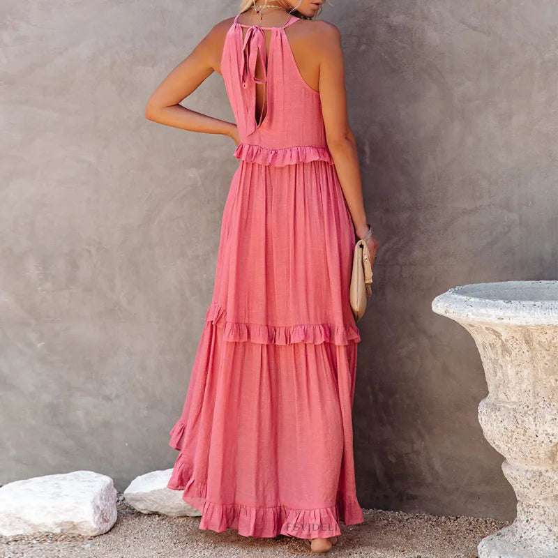 Women Halter Neck Maxi Dress Sleeveless Ruffle Tiered Loose Flowy Bohemian Beach Long Dress