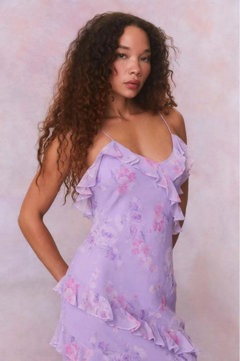 Lotus Leaf Edge French Floral Backless Dress Slim Fit Chiffon Solid Color Holiday Party Birthday Party Long Dress