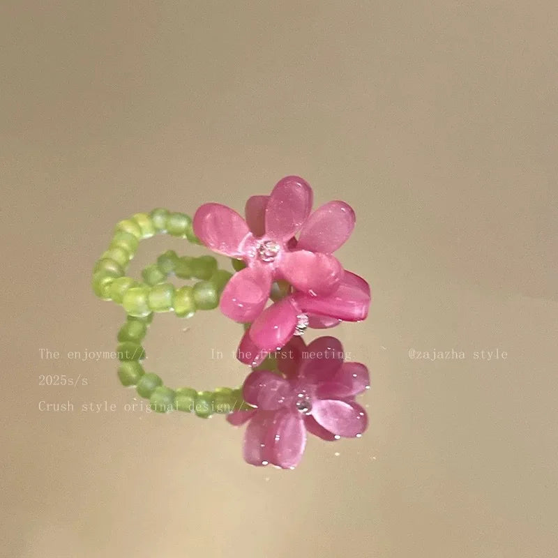 New Romantic Cute Violet Flower Ring Spring Summer Elastic Beaded Rings For Women'S Friends Korea Finger Jewelry Accessories