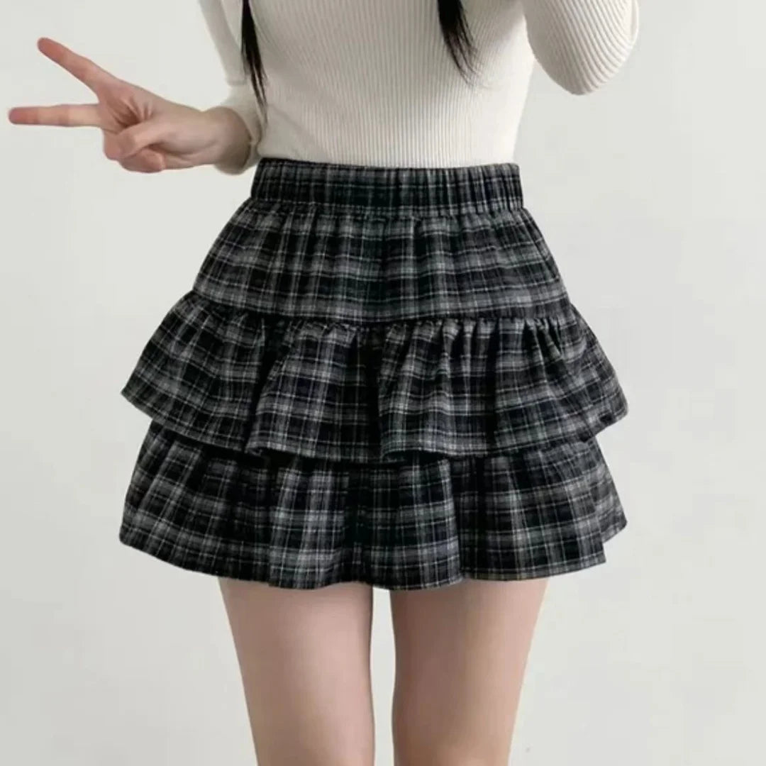 Japanese Y2k Cute Ruffled Plaid Skirt Subculture White Lace Cake Skirts Preppy Casual New Women Princess Puffy Skirts Mini Skirt