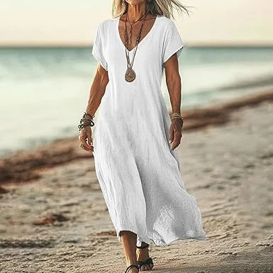 Independent Station Loose Solid Color V-neck Cotton and Linen Women's Dress