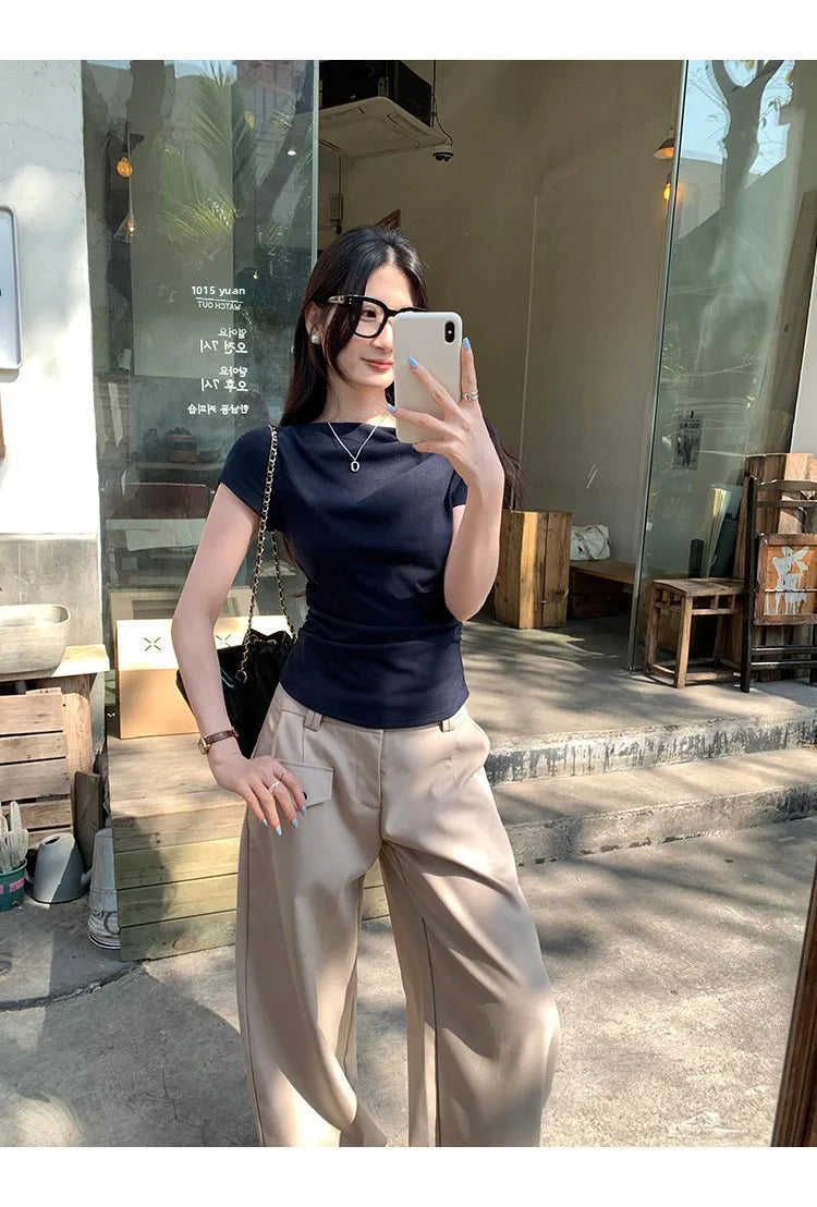 Slim Fit Short Sleeve T-Shirt Women Summer New Style Shoulder Bared Neckline Gathered Waist Elastic Band Casual Style Top