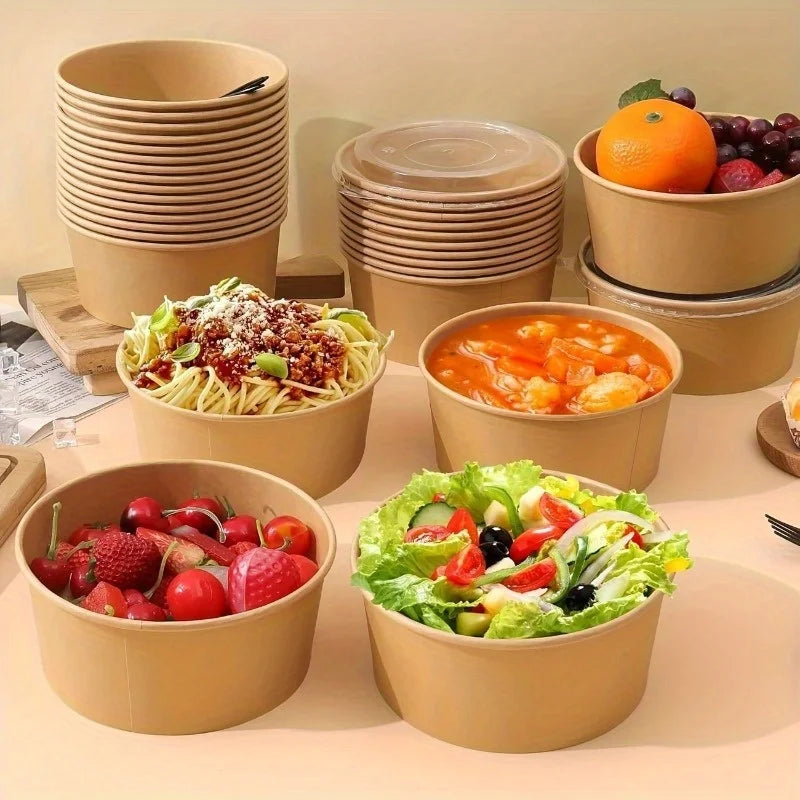 10/20PCS Kraft Paper Round Bowls Disposable Lunch Bento Bowls with Lids Meal Prep Salad Noodles Bowls Party Fries Fast Box