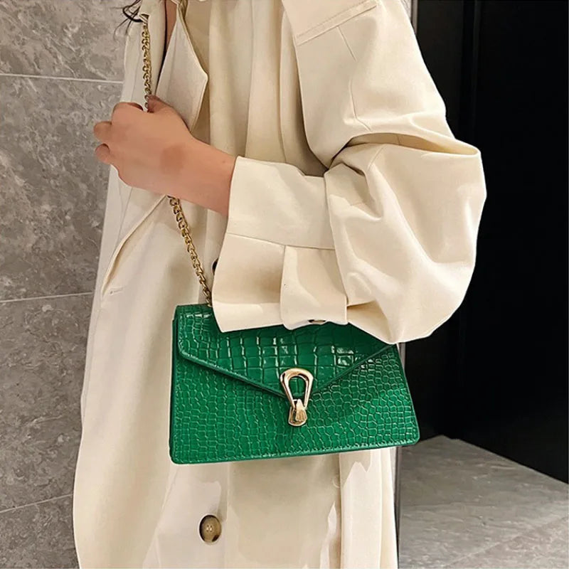 Crocodile Pattern Shoulder Bags For Women Fashion Chains Squre Bag Purse Female Pu Leather Crossbody Handbag Daily Phone Clutch