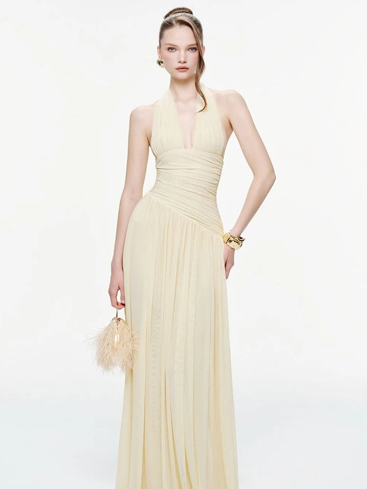 Nibber Backless Fashion Draped Maxi Dress Women Halter Bandage Tassel v-Neck Sleeveless Birthday Party Elegant Chic Vestidos
