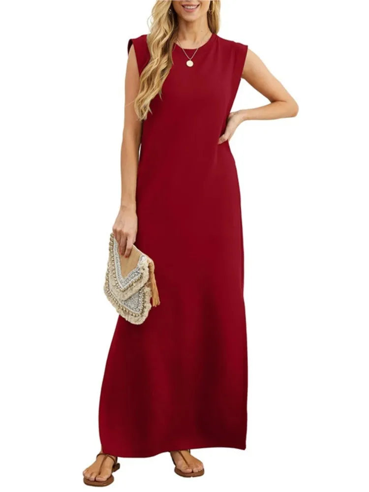 Lady Casual Solid Color Streetwear Summer Fashion Sleeveless Loose Long Dress Woman's Simple Style Slit Hem With Pocket Vestidos