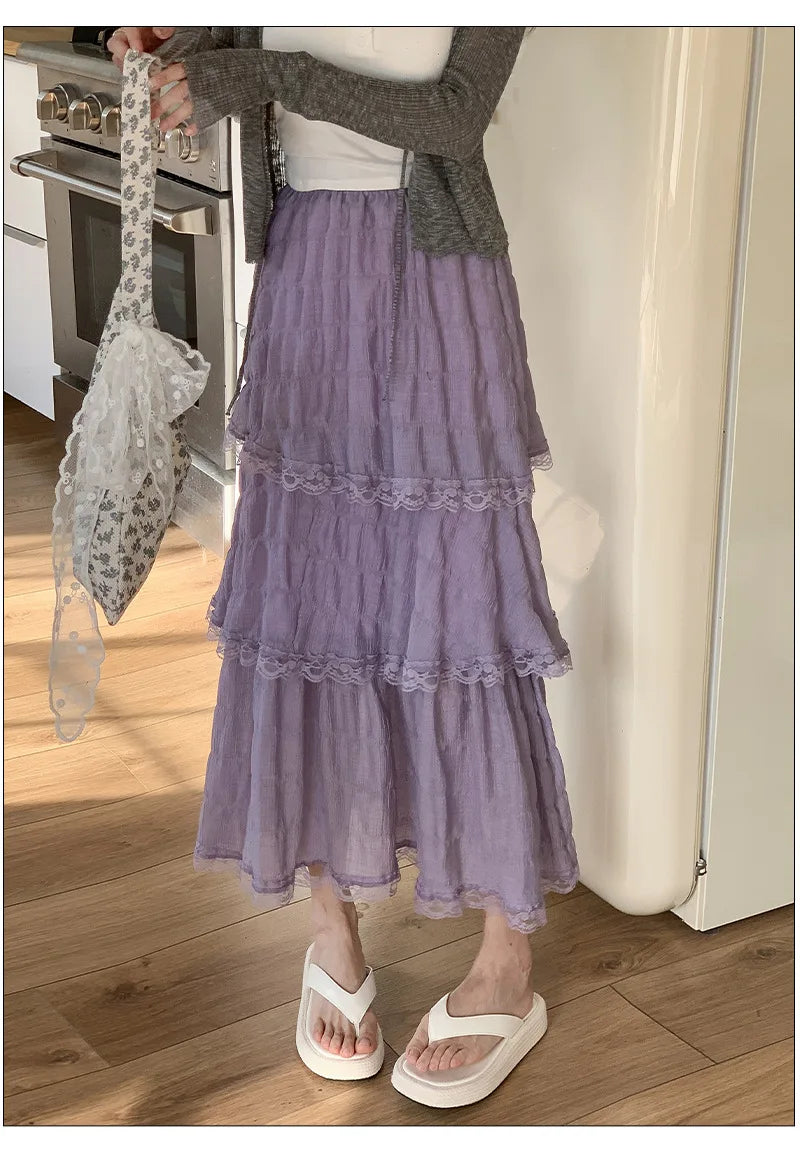 Sweet Lace Ruffles Long Skirt Women Summer Cute Puff Cake A Line Skirt Woman Korean Style High Waist White Chiffon Tulle Skirt