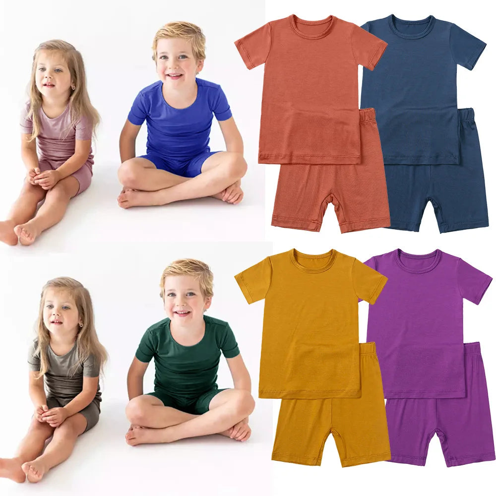 2-Pcs Summer Children's Bamboo Fiber Short-sleeved Shorts Suit Boy Casual Breathable Top Baby Girl Pink Sweet Soft Home Clothes