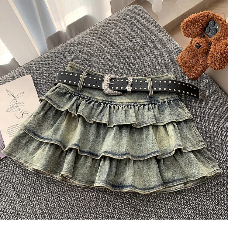 Seoulish American Style Hot Girl Denim Skirt 2026 New Summer Stretch Cake Layer Pleated Skirt High Waist Jeans Mini Skirts Women