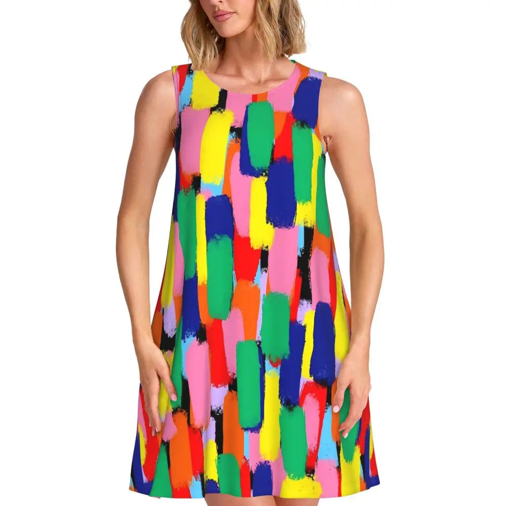 Abstract Brush Print Casual Dress Colorful Print Sleeveless Pretty Dresses Woman Crewneck Aesthetic Dress Spring Print Clothes