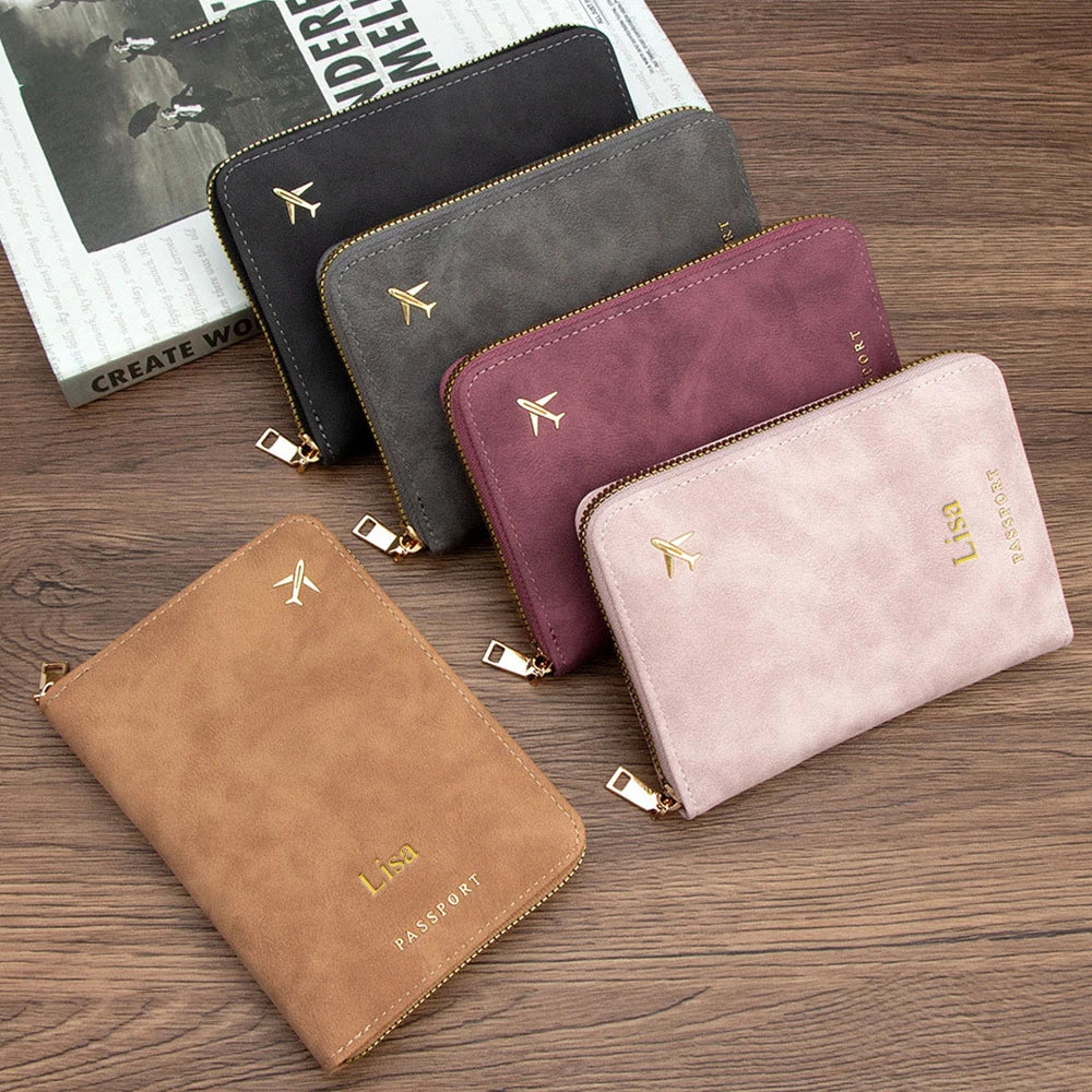 Customized name RFID anti-magnetic passport case with zipper for travel passport holder, multi-functional document storage bag