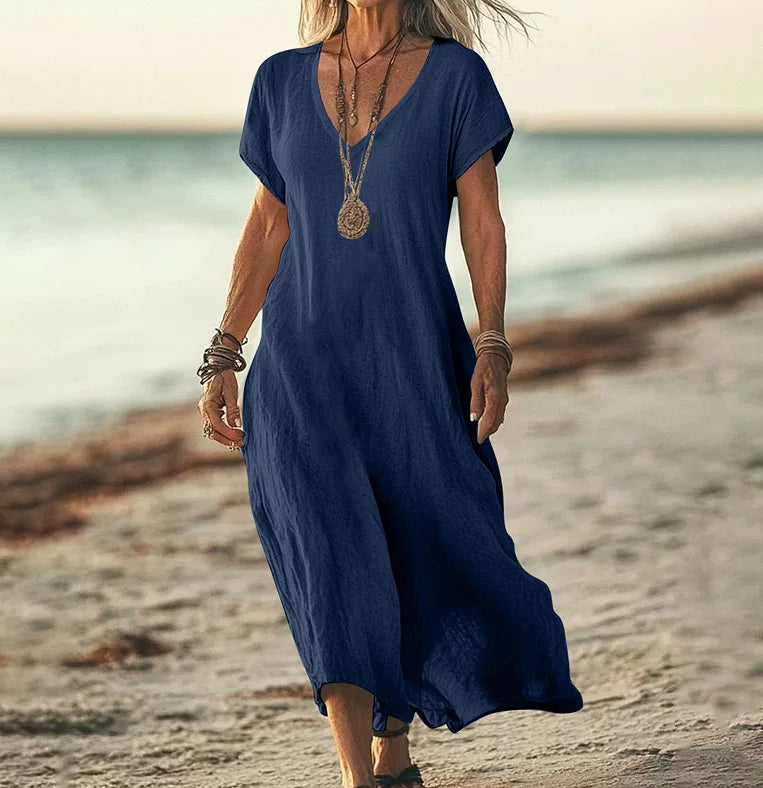 Independent Station Loose Solid Color V-neck Cotton and Linen Women's Dress