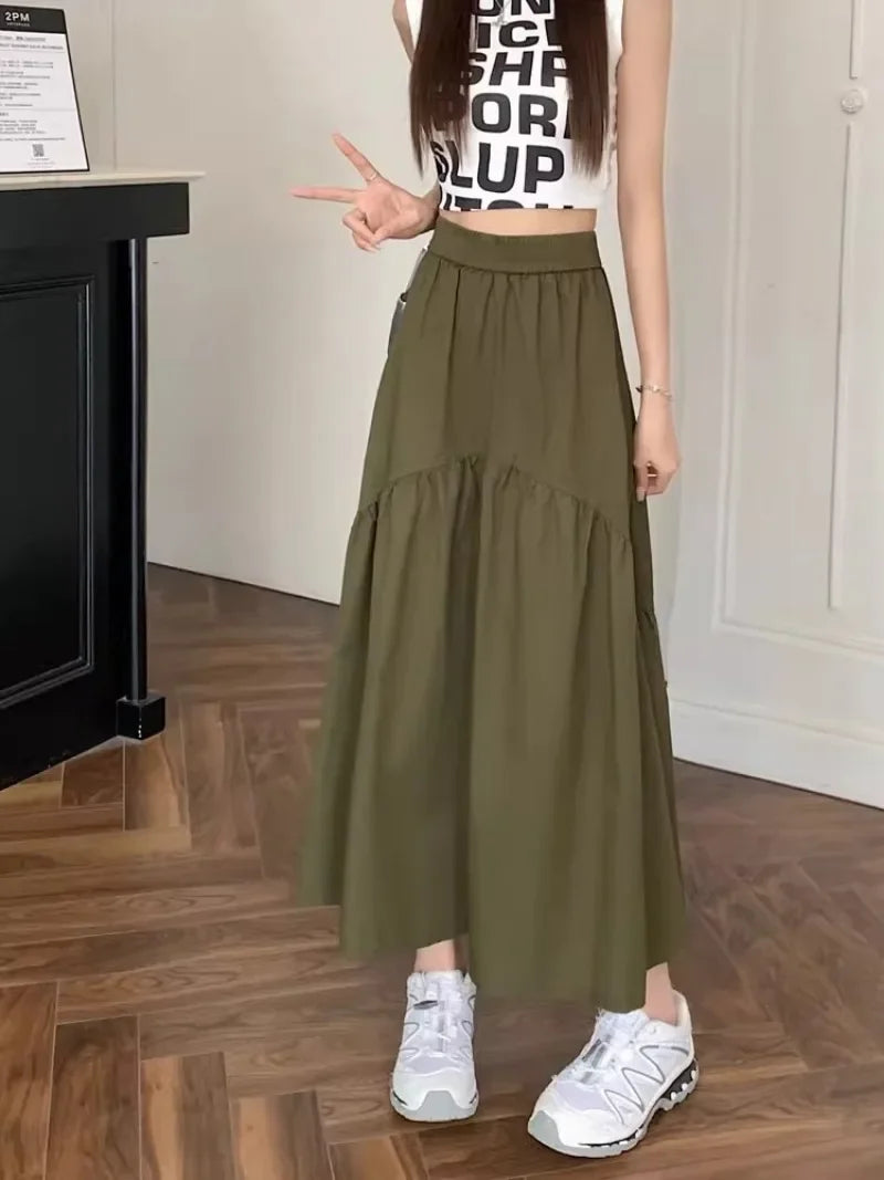 Elegant Women's Skirt Autumn New A-line Simple Fashion Solid Color Bustier Korean Pleated Splicing Elastic Waist Long Skirt