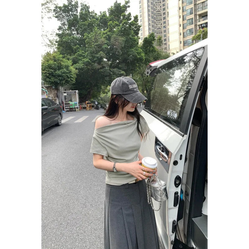 Slim Fit Short Sleeve T-Shirt Women Summer New Style Shoulder Bared Neckline Gathered Waist Elastic Band Casual Style Top