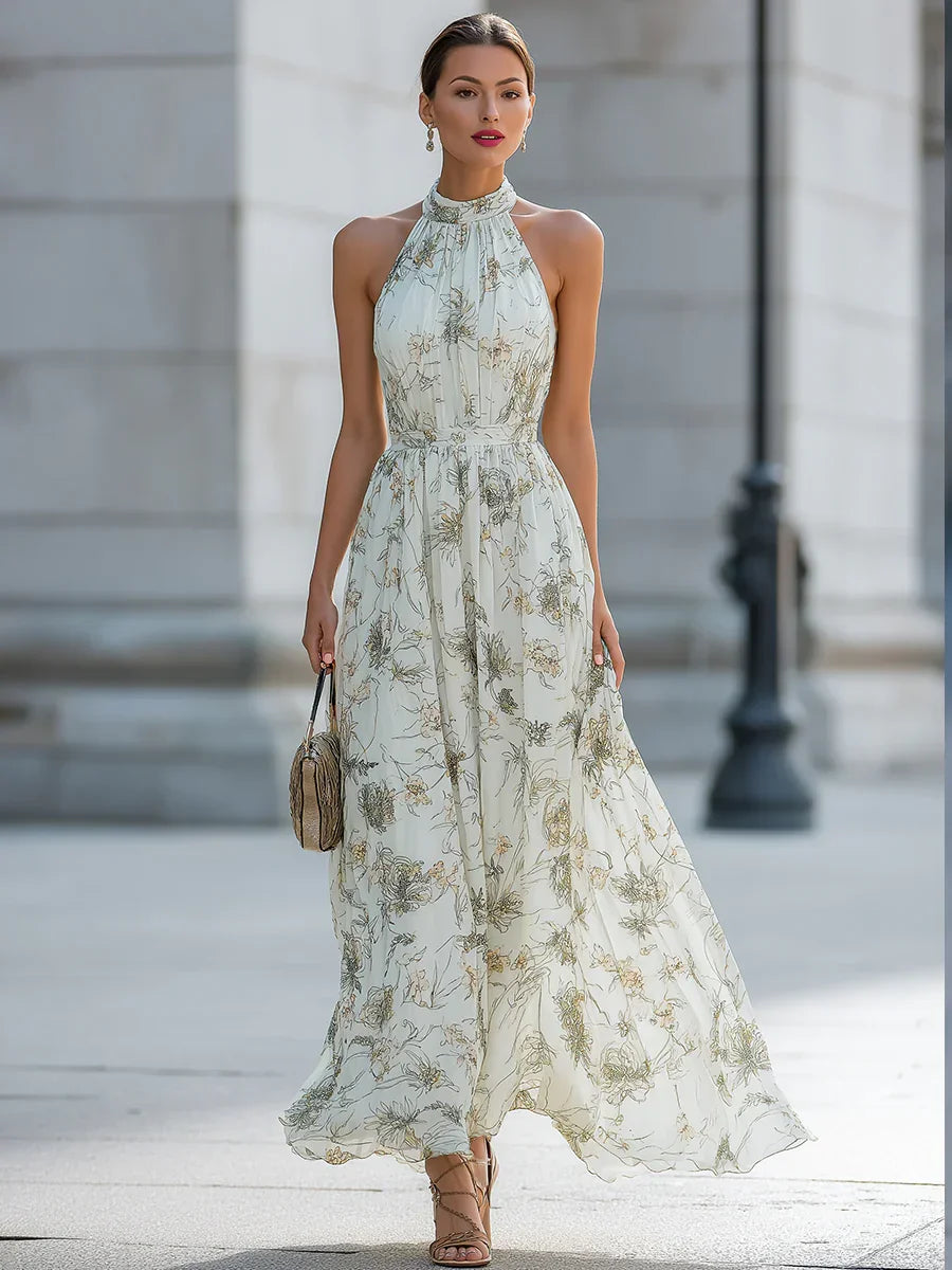 for Beach Wedding and Party Women's Halter Neck Floral Print Pleated Chiffon Maxi Dress