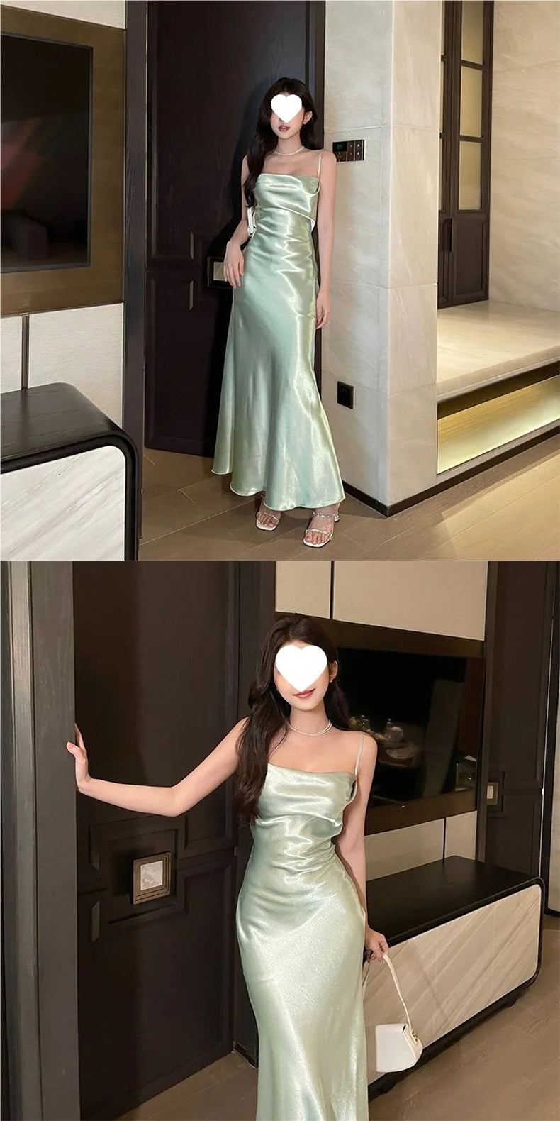 Elegant French Style Sling Satin Wrap Waist Slimming Long Dress Women's Fashion 2026 New Knitted Fabric Midi Skirt Dress