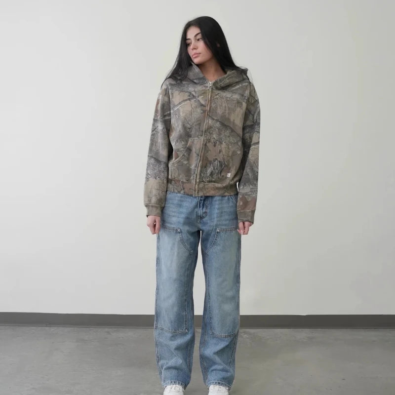 America Retro Zip up Hoodie Men Camouflage Pattern zipper Sweatshirt High Street Hip HopStreetwear Oversized Unisex Camo Hoodie
