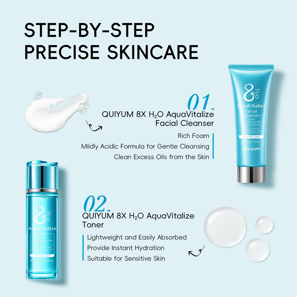 Quiyum 8X H2O AquaVitalize 5-Pcs Skincare Set Hydrating Daily Facial Care Kit Cleanser Toner Serum Eye Cream for All Skin