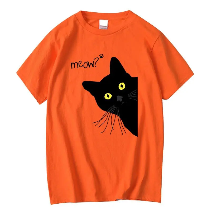 Men'S T-Shirt 100% Cotton Summer Meow Black Cat Print Men T Shirt Casual Loose O-Neck Men Tshirt Short Sleeve T-Shirt Male Tees