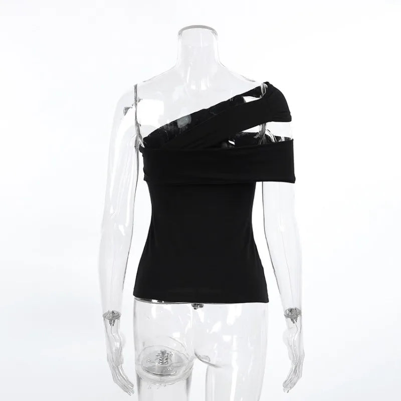 Trendix Black Bodycon Crop Tops For Women's 2026 Summer Off Shoulder Tank Top Street Slim Party Sexy Asymmetric Vacation Top