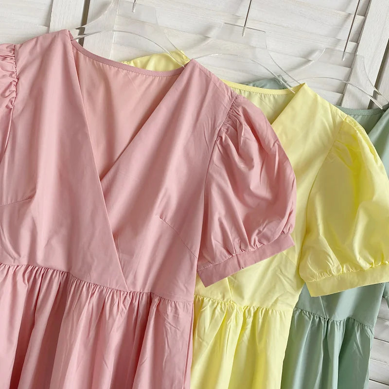 Retro Elegant  Color V-neck Bubble Sleeve Waist-cinching Slimming Casual Lace Trim Dress Women Summer Midi Dress