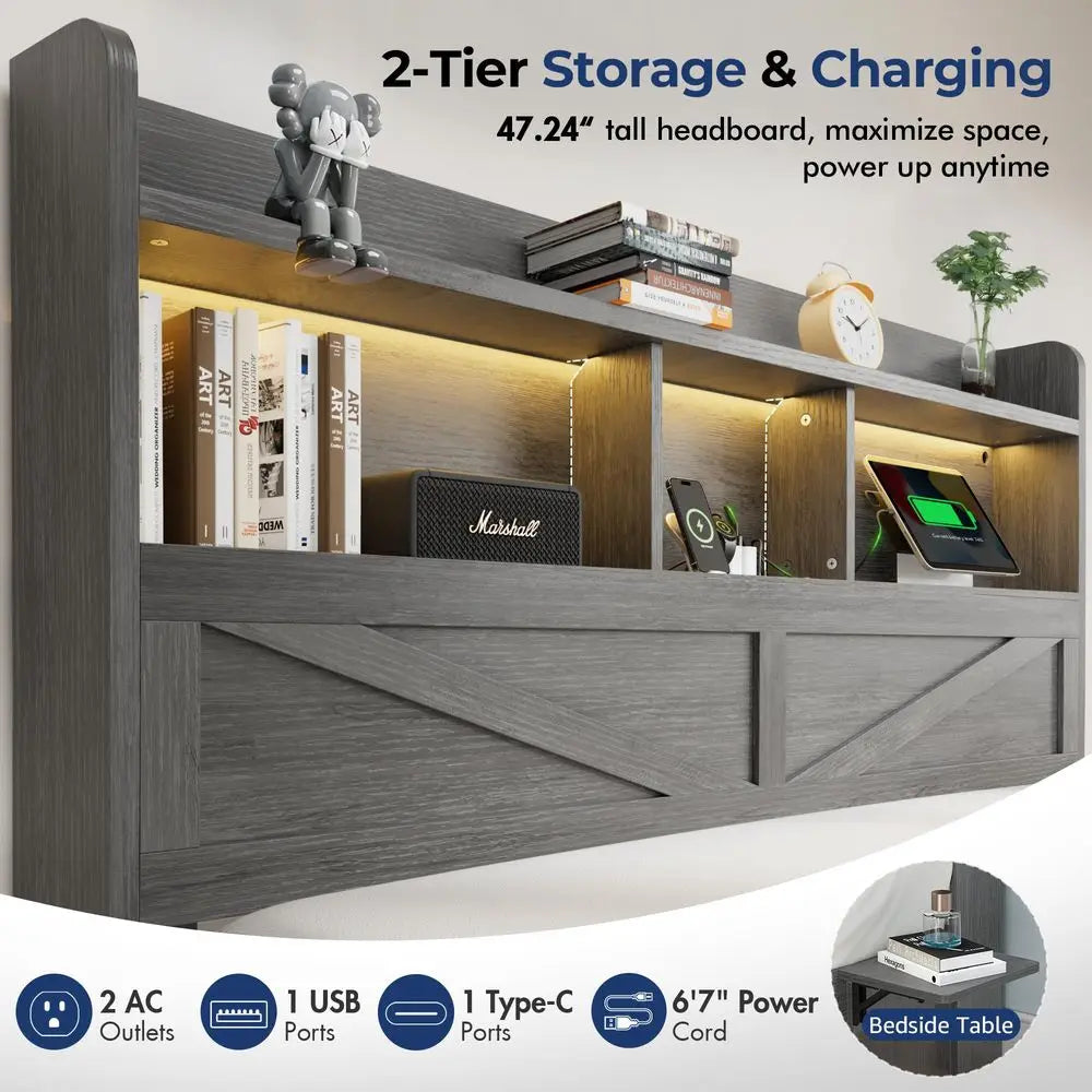Bed Frame with 2Tier Storage Headboard, LED Lights, Charging Station, 2 Drawers, 900lbs Capacity, Wood amp Metal Platform, Nois